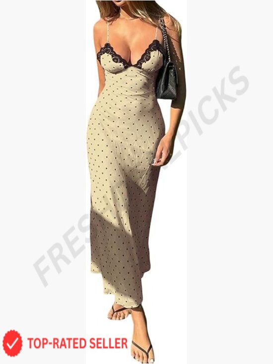 Dresses & Skirts - Polka Dot Maxi Dress Spaghetti Strap Lace V-Neck Sexy Summer Sundress